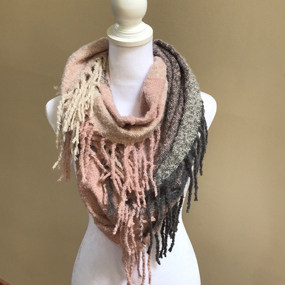 NWT Pink and Gray Fringe Infinity Scarf